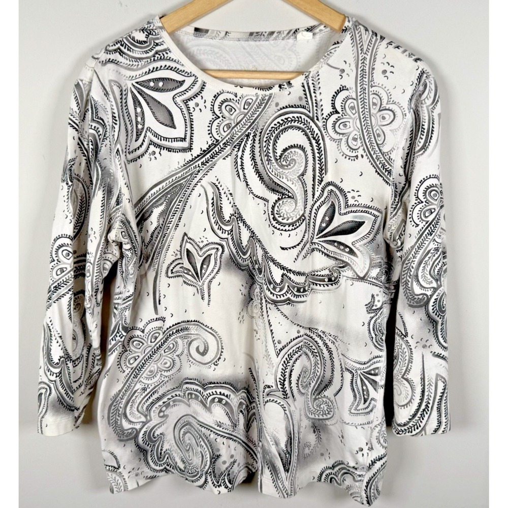 Paisley Blouse Top Womens White Gray‎ Paisley Cotton Blend Peasant Sz L